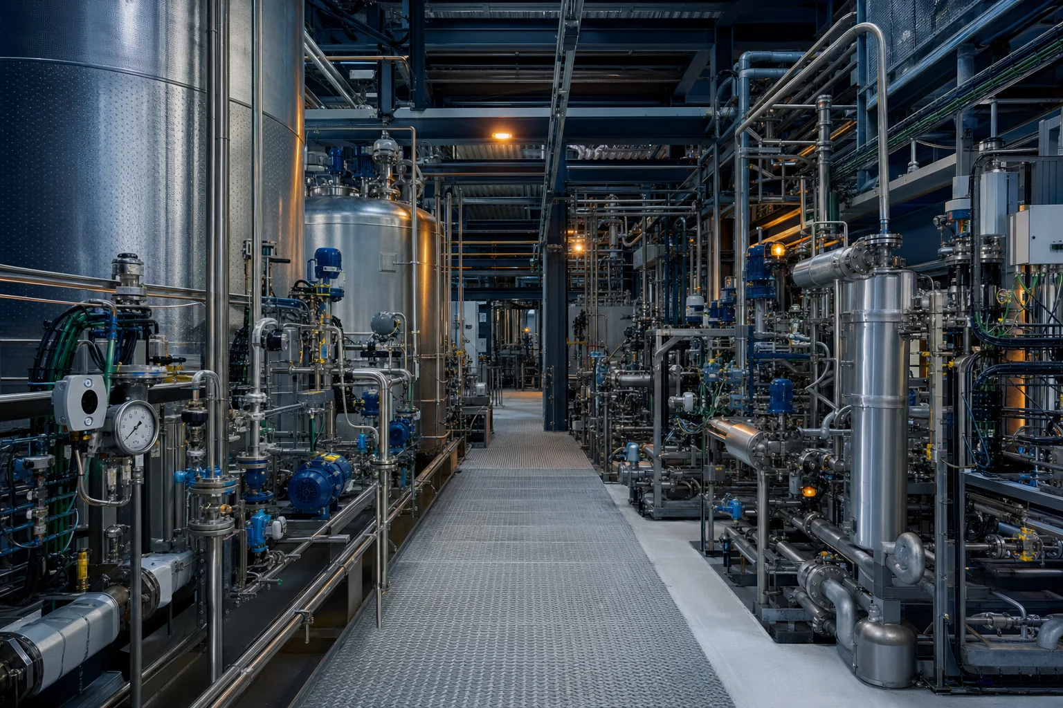 Moderne chemische procesinstallatie met leidingwerk, vaten, instrumentatie en automatisering