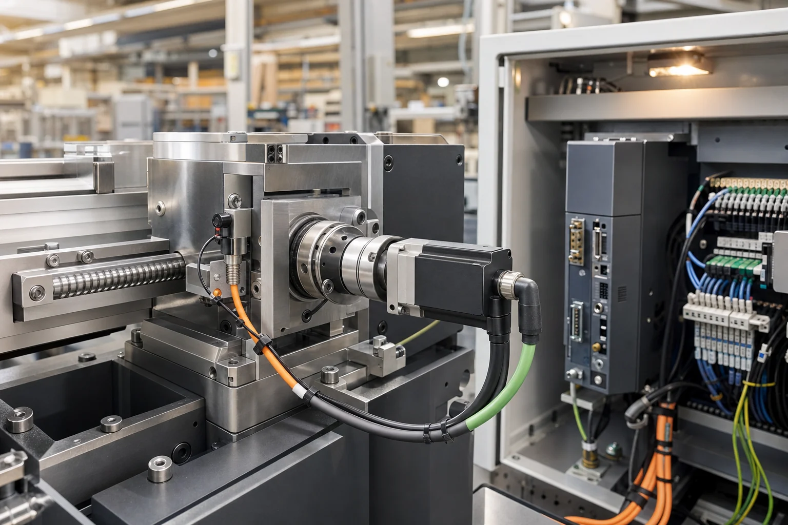 Detail van industriële precisietechniek, sensoren, servoaandrijving en bekabeling
